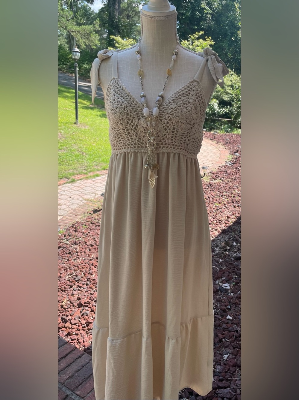 NWT Haptics Jasmine Crochet Lace Ruffle Hem Cami Midi Dress. Small, Oatmeal.